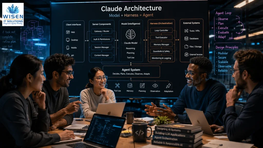 Claude Architecture showing server components, client interfaces, harness orchestration, and AI agent systems.